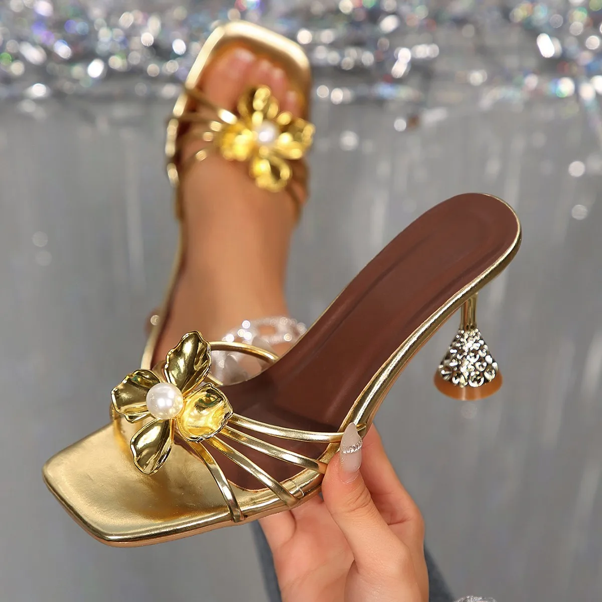 Vintage Fashion Ladies - Vintage Metal Flower Crystal Cone Heel