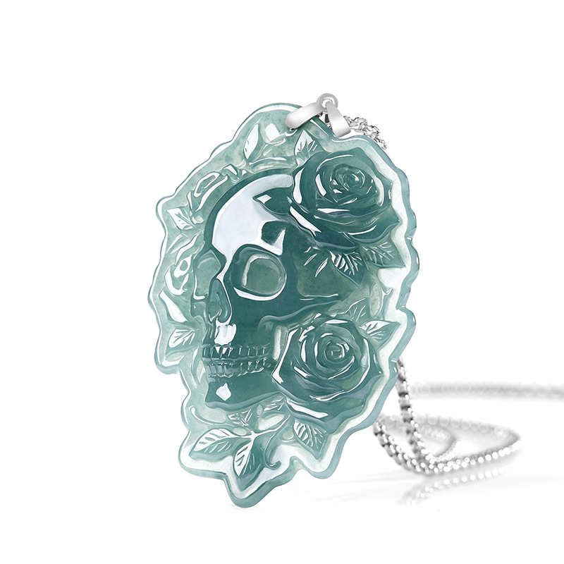 Vintage Fashion Designer - Natural Burmese Jadeite Skull Pendant Necklace