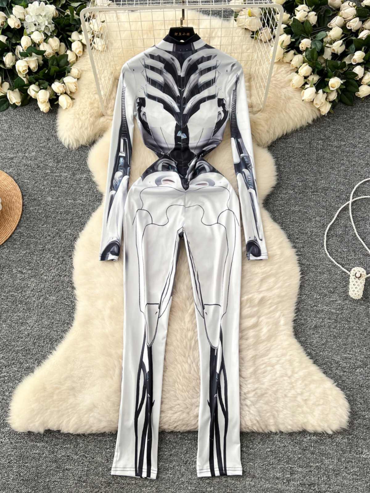 Women's Grey Print Jumpsuits V - огляд і ціна Vintage Fashion Club