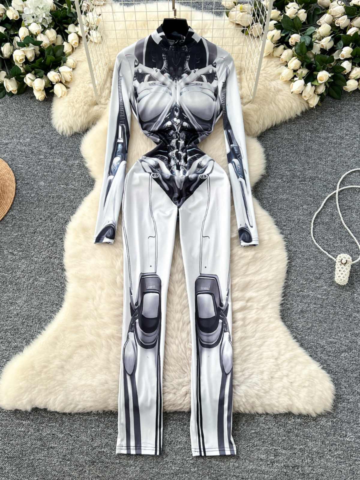 Women's Grey Print Jumpsuits V - огляд і ціна Vintage Fashion Club